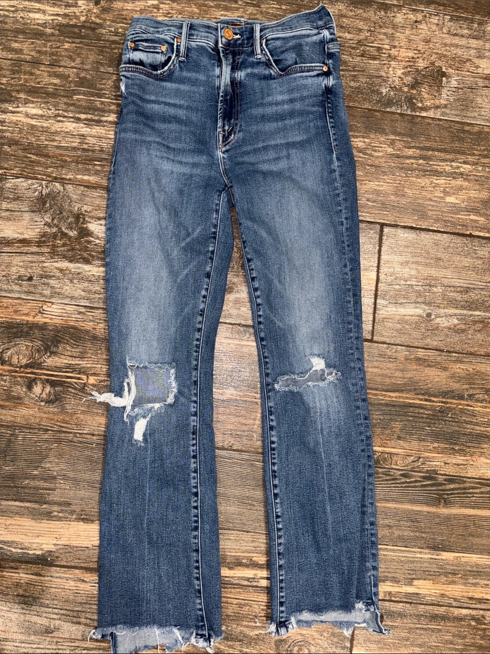MOTHER Distressed Mid Blue Straight-Leg Jeans